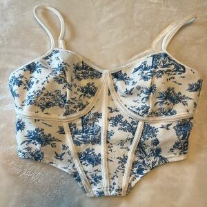 Blue and White Toile Print Bustier Top